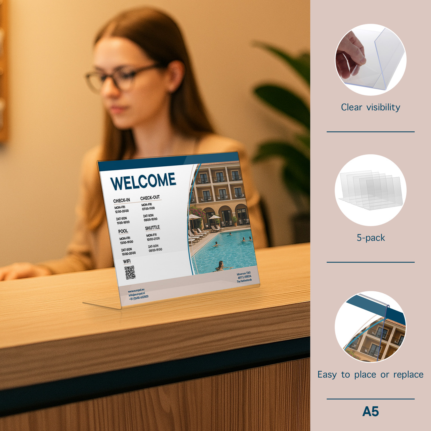 Europel Kartenhalter Budget L-Ständer A5 1,5 mm Querformat Acryl – 5er-Set