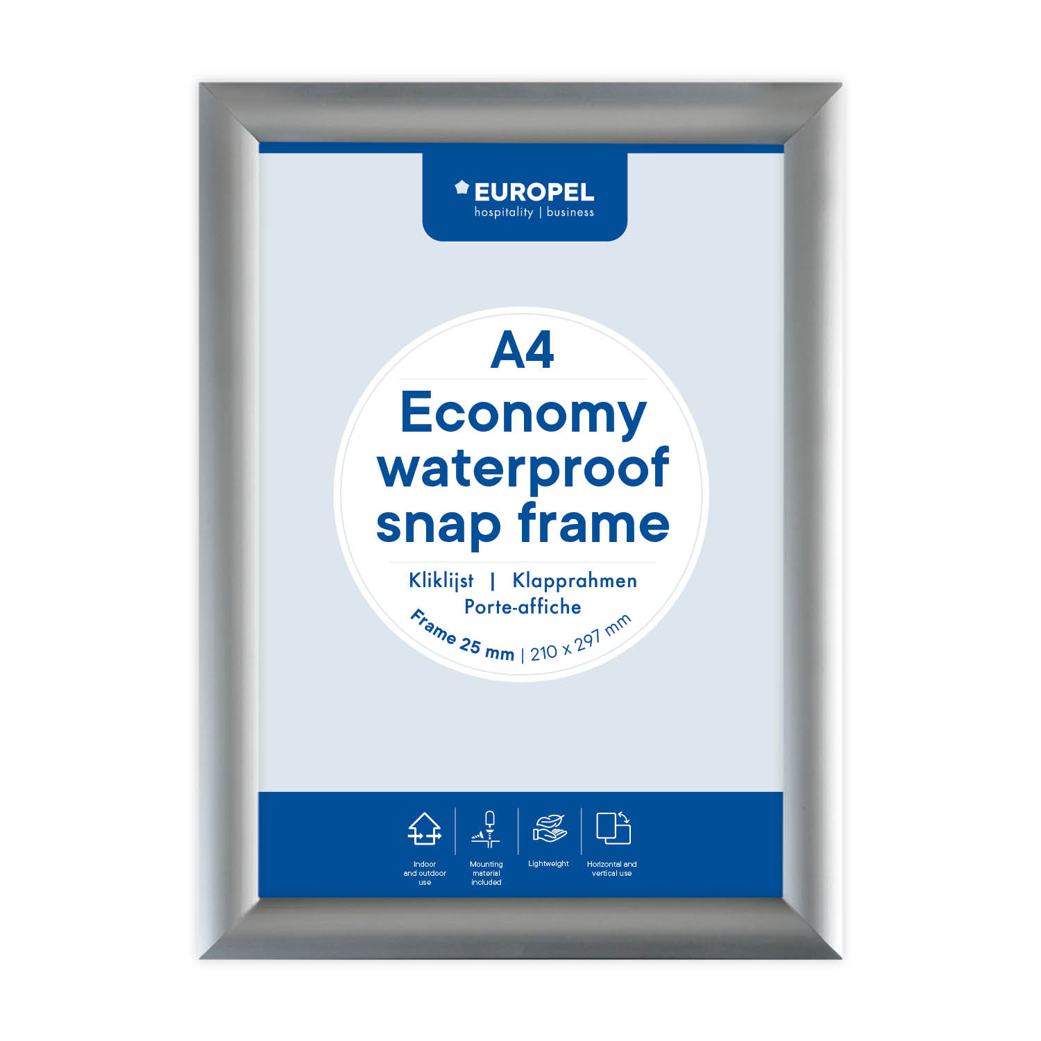 EuEuropel Klapprahmen Economy Wasserdicht A4 Silber 25 mmEuropel Klapprahmen Economy Wasserdicht A4 Silber 25 mm